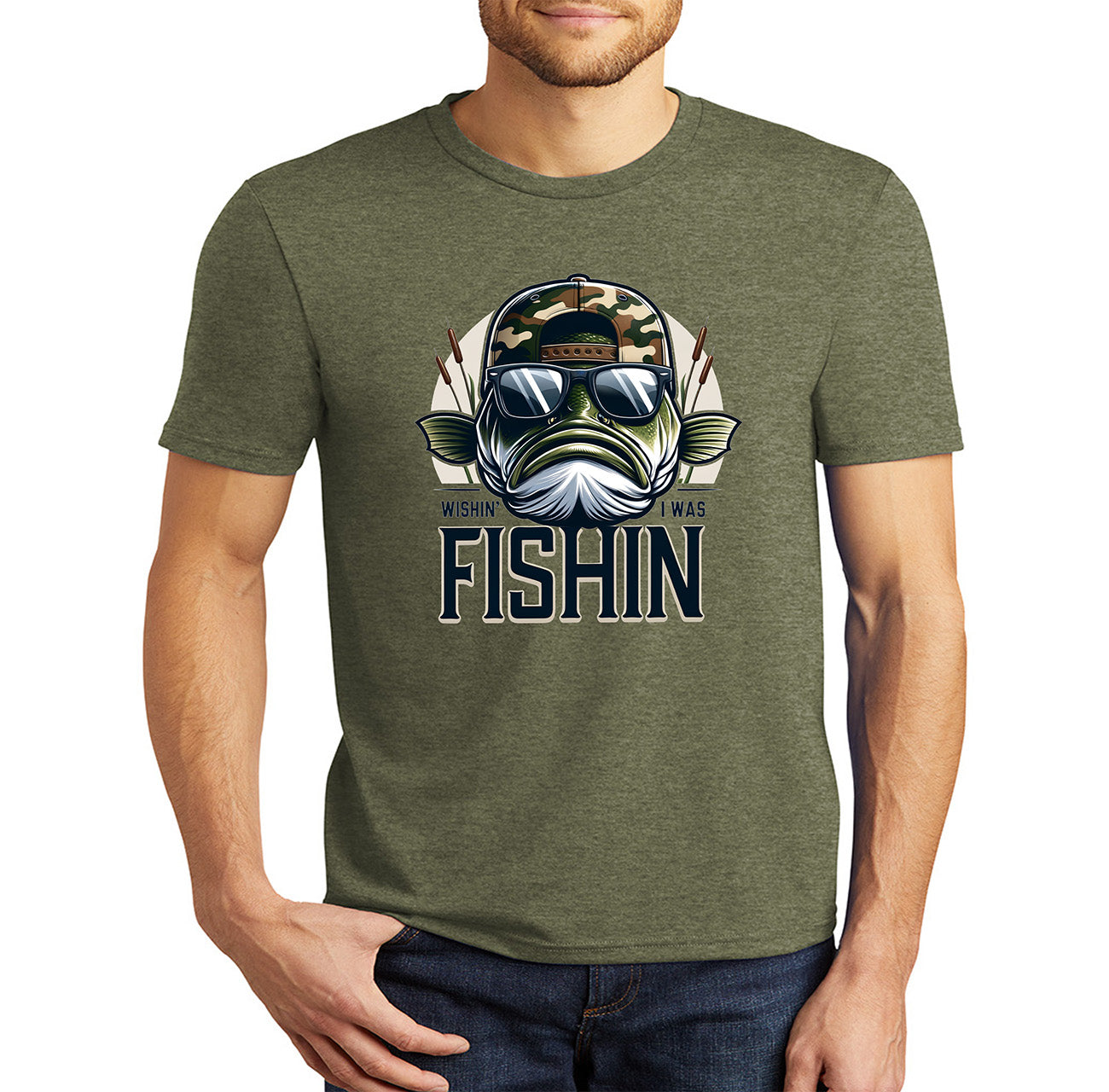 Funny Men's Graphic T-Shirt - Bass Fishing Wishin I Was Fishin.