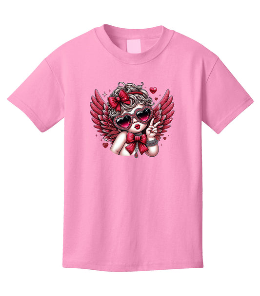 Girls' Cute Valentine T-Shirt - Cupid & Conversation Hearts Graphic Tee